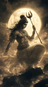 Mythological deity figure before full moon with trident.