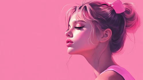 Soft neon portrait of serene girl in monochrome pink glow.