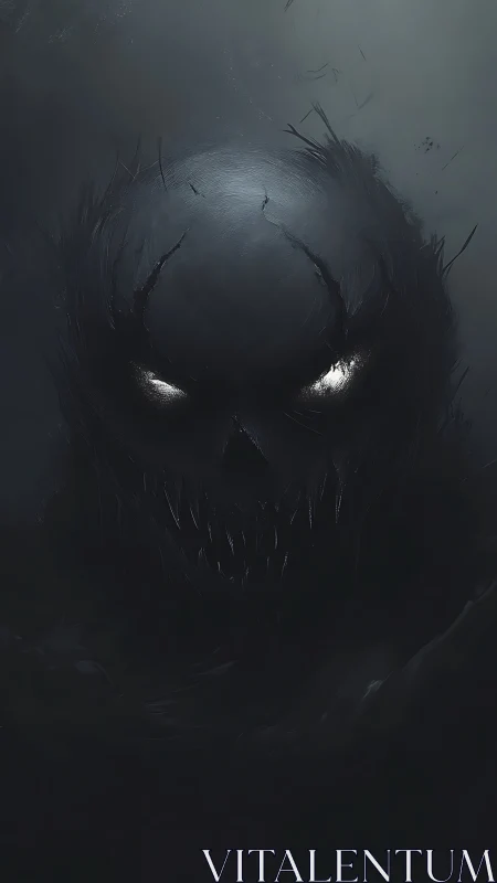 Dark monstrous skull face with glowing predatory eyes.