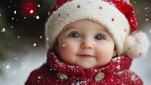 Smiling baby in red Santa hat under gentle snowfall.