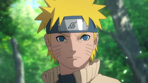 Anime portrait of determined blond ninja under forest light