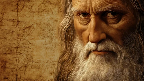 Weathered sage gazes forward with quiet, timeless wisdom