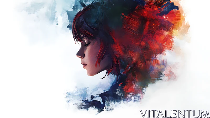 Solitary profile dissolves into expressive crimson brushwork.