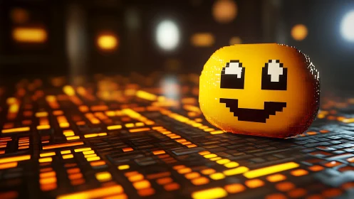 Smiling pixel emoji on glowing digital circuit board.