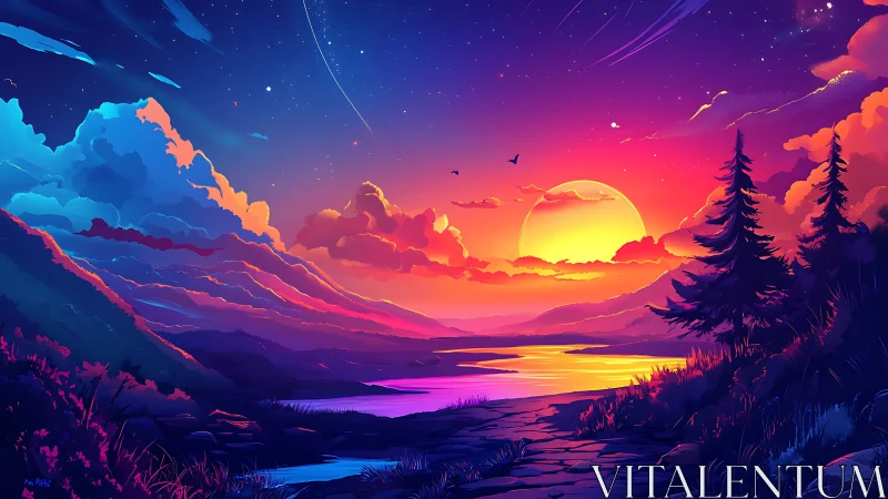 Sunset sky illuminates stylized mountains, river, and trees