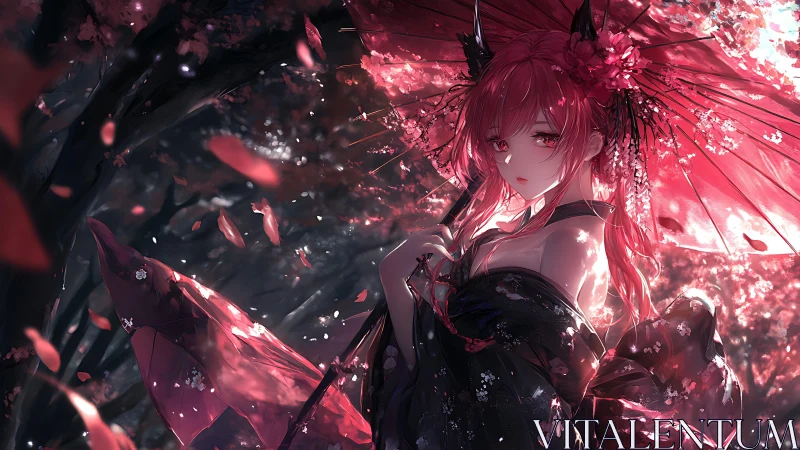 Anime sakura maiden under parasol in luminous petal storm.