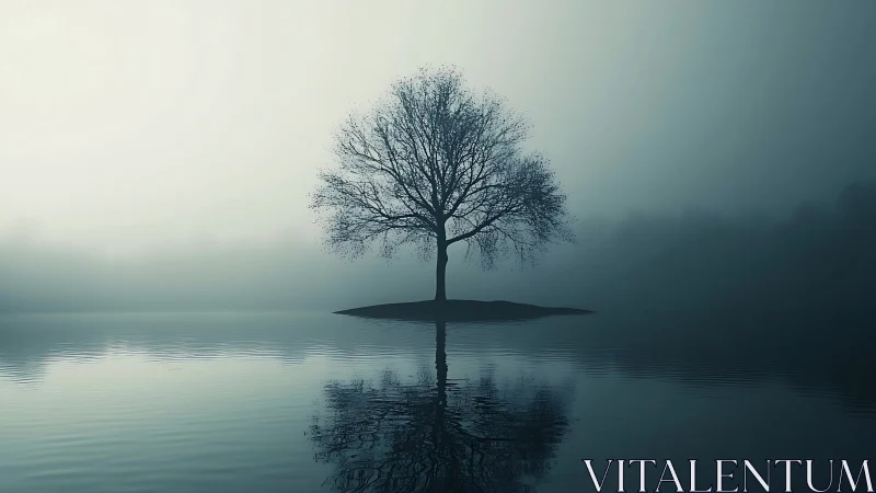 Solitary tree stands in tranquil mist above glassy lake