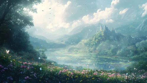 Enchanted lakeside valley cradles a distant fairytale castle