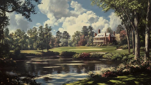 Sunlit manor watches over a tranquil lakeside golf fairway