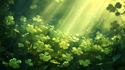 Sunlit clover meadow under soft green forest light.