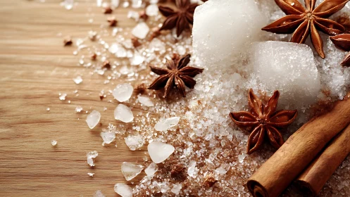 Cinnamon sticks with star anise on sugar crystal tabletop.