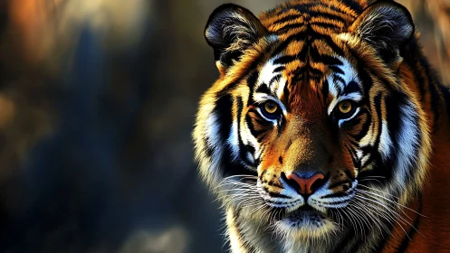 Close-up portrait of alert tiger with intense gaze.
