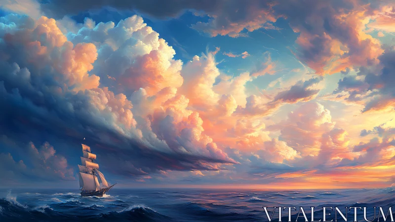 Lone sailing ship beneath vast luminous sunset clouds.