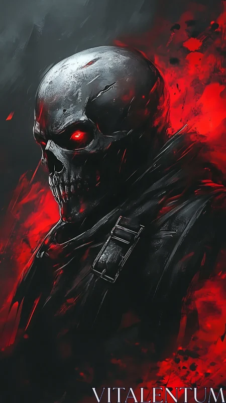 Metal skull warrior with red eyes in fiery red smoke.