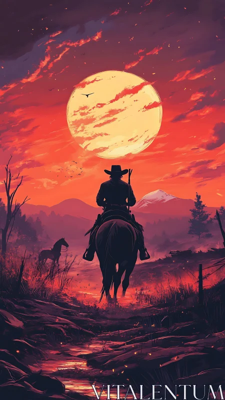 Cowboy silhouette riding toward vast crimson frontier sunset.