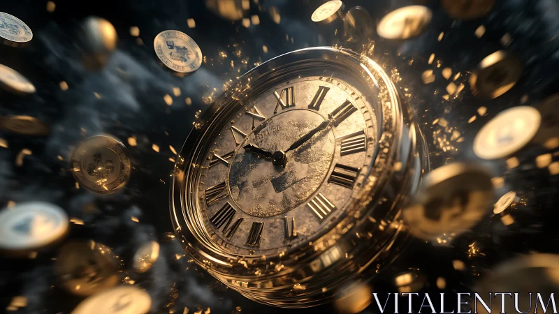 Golden clock surrounded by floating coins in motion.