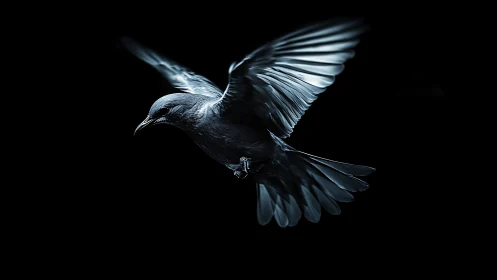 Dramatic close-up of a bird in flight against a black background.