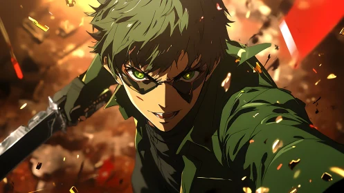 Kinetic anime swordsman with dynamic debris and light trails.