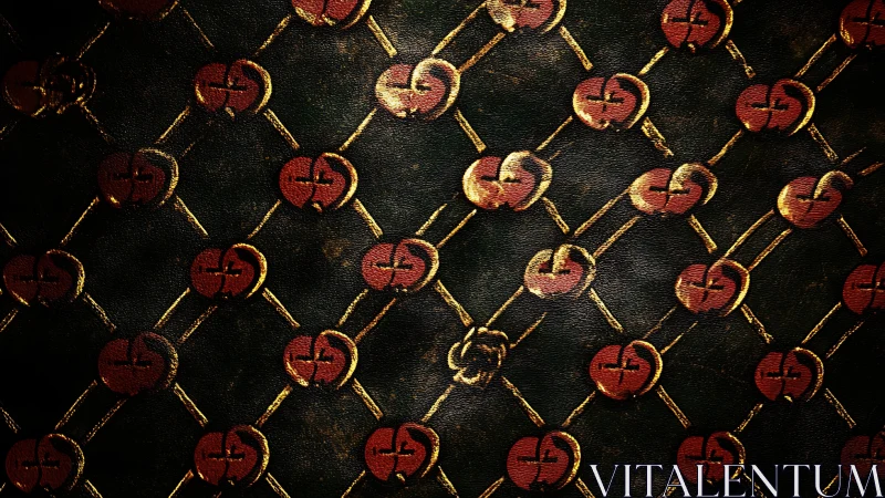 Pattern of interlinked circular symbols on dark textured field.