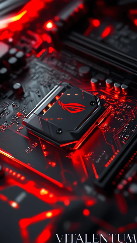 High-contrast gaming motherboard close-up with red LED circuitry