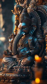 Majestic Ganesha idol glows in warm devotional candlelight.