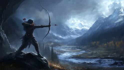 Digital painting of lone archer poised over storm-lashed valley.