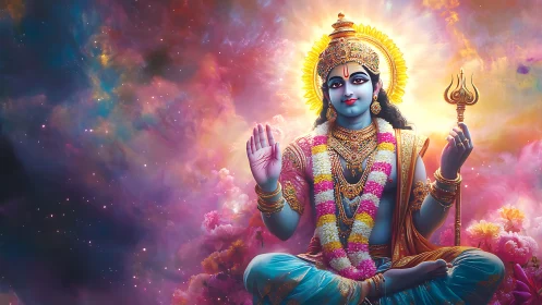Blue-skinned deity meditates amid radiant cosmic nebula