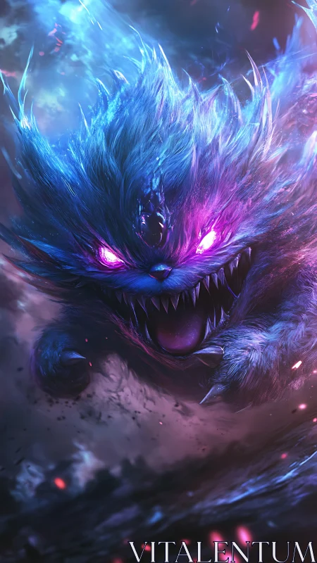 Fierce glowing monster cat lunging through neon storm