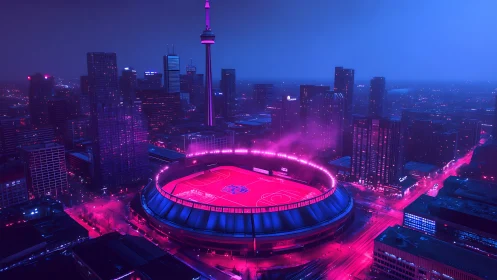 Neon-drenched circular stadium in futuristic magenta-blue skyline