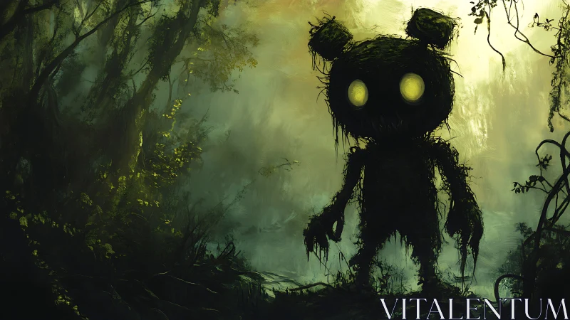 Moss-creature silhouette looms in fog-drenched forest clearing