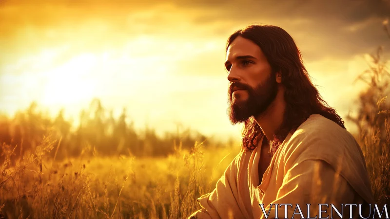 Bearded robed man seated in sunlit field at golden hour.