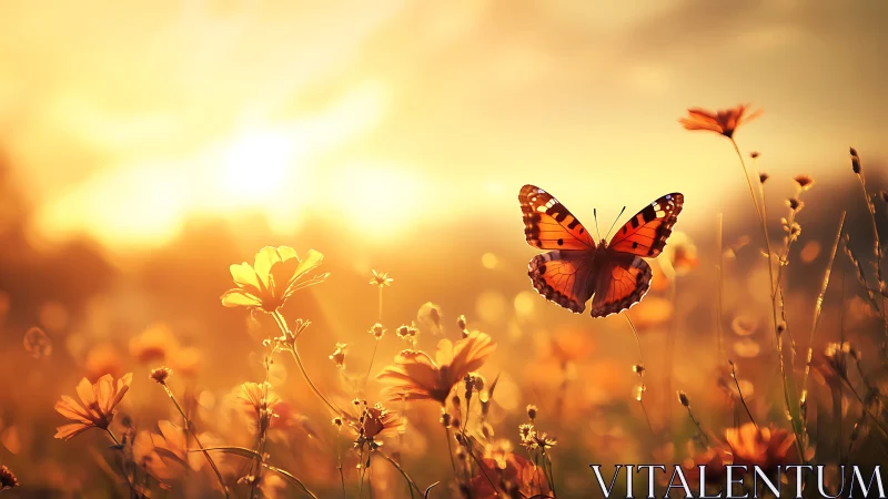 Golden sunrise welcomes a butterfly dancing over wildflowers