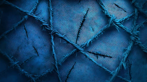 Diagonal blue barbed strands intersect over textured surface