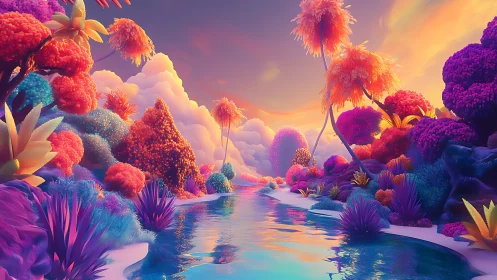 Neon fantasy river winds through surreal candy-colored forest.