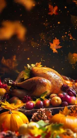 Roast turkey sits on autumn harvest table with seasonal fruits