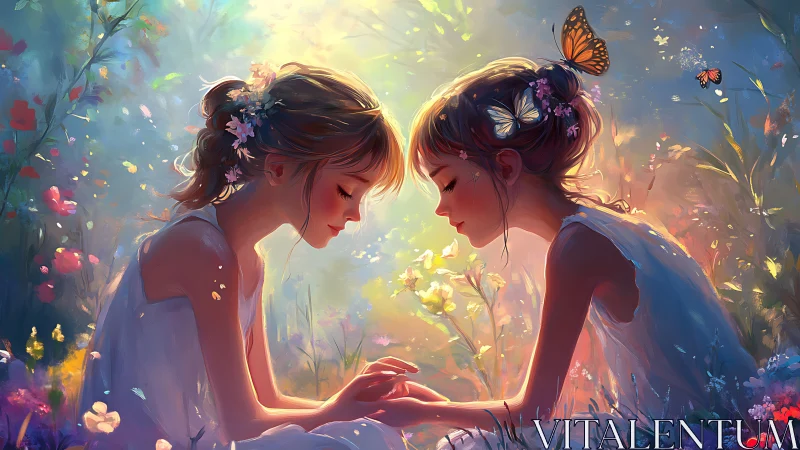 Twin Souls in Bloom: A Magical Garden Moment.
