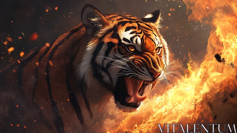 High-contrast digital rendering of roaring tiger amid dynamic flames