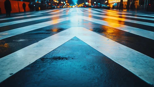 Wet city crosswalk shows converging white stripes at night