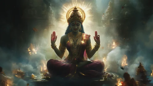 Hindu goddess in golden crown seated in glowing meditation.
