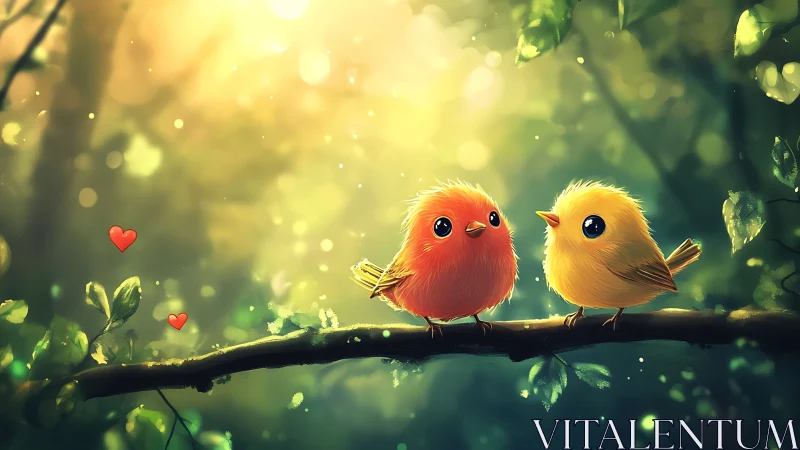 Luminescent forest perch with stylized avian pair in dialogue.