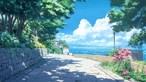 Anime coastal promenade with sunlit foliage and stonework path.