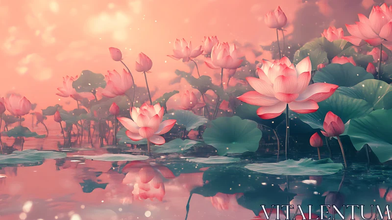 Atmospheric digital lotus lagoon under diffuse coral illumination.