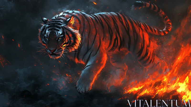 Firelit Tiger Crossing Through Embers And Midnight Smoke.