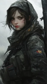 Stormlit scout girl standing steady in painted rainstorm.