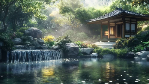 Sunlit garden pavilion beside whispering waterfall pond.