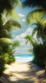 Tropical beach vista with palms and ocean vista.