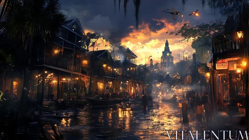 Canal city at dusk with warm lights and distant tower.