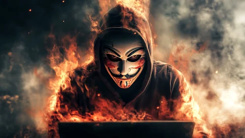 Masked hacker in burning hoodie over laptop screen.