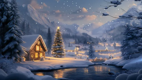 Snow covered cabin and village under soft evening lights.