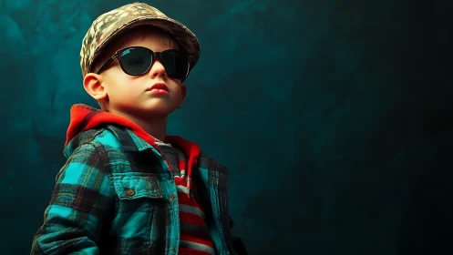 Young Boy in Teal Plaid Jacket and Sunglasses Portrait.
